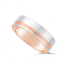 9ct Rose Gold Gents Wedding Ring, With A Brushed 9ct White Onlay With A 1.5mm Diamond Cut Concave Groove To One Side Of Wedding Rings